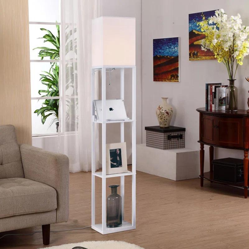 Brightech Maxwell 63 in. 3-Shelf USB-Charging LED Floor Lamp with Fabric Square Shade