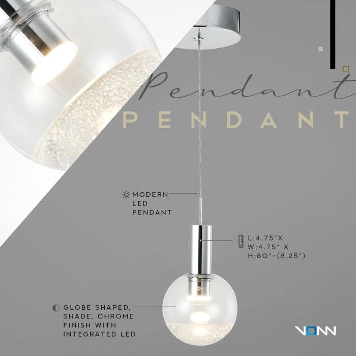 Sienna 5-in Integrated LED Height Adjustable ETL Certified Pendant Light with Globe Shade