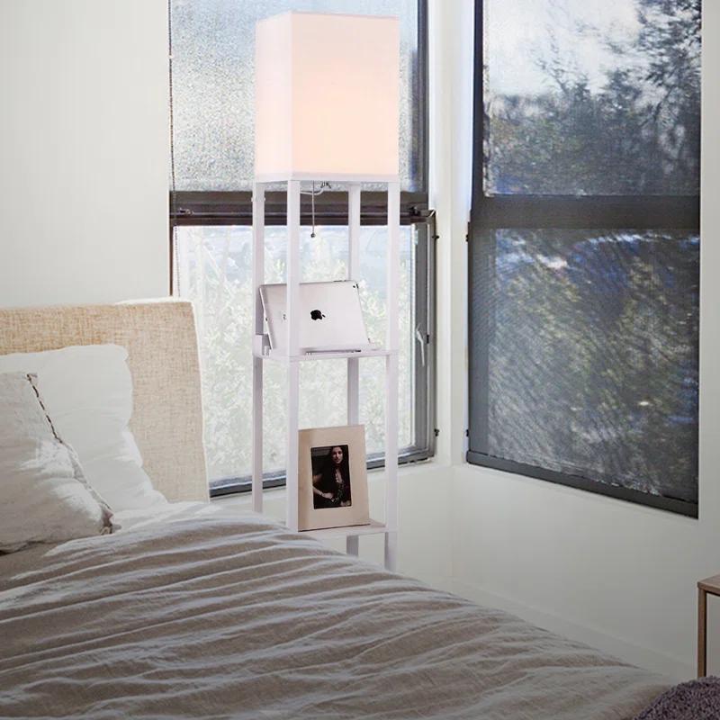Brightech Maxwell 63 in. 3-Shelf USB-Charging LED Floor Lamp with Fabric Square Shade