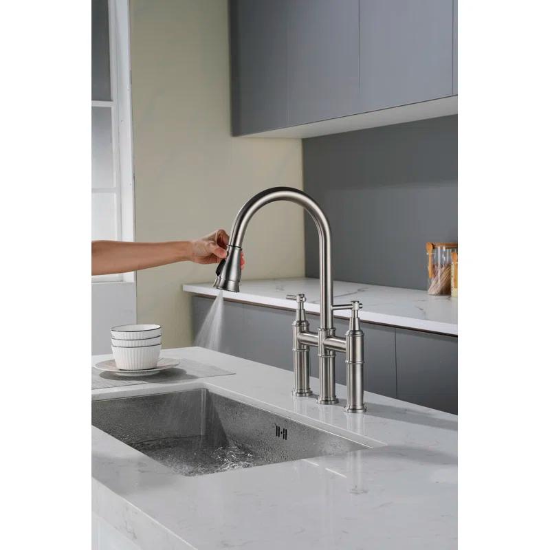 RBROHANT LYJ0078 17.32" Bridge Kitchen Faucet with Pull Down Sprayer, Bridge Faucet for Kitchen Sink 3 Holes