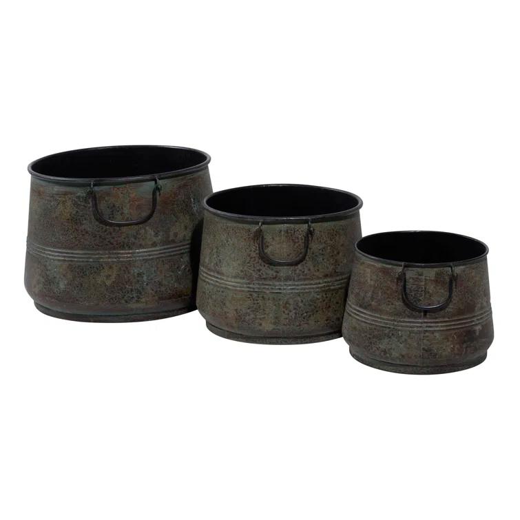 Gracie Oaks Cowden 3 Piece Metal Distressed Bucket Style Indoor Outdoor Bronze Planter with Side Ring Handles Set
