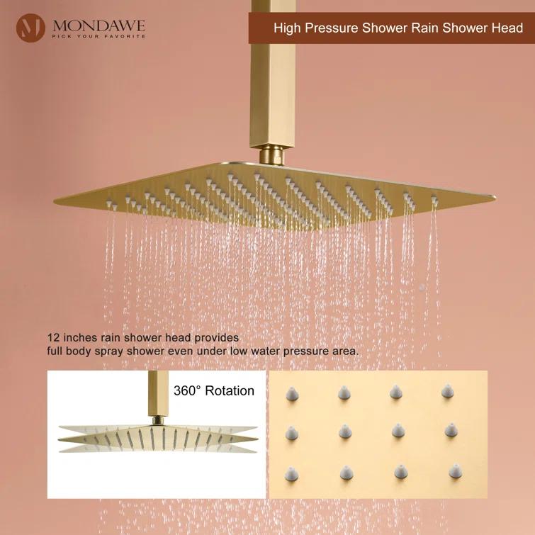 mondawe WF6310-12BG Herathena 3 Functions Ceiling Mounted Luxury Shower System with 6 Body Jets (Rough-in Valve Included)