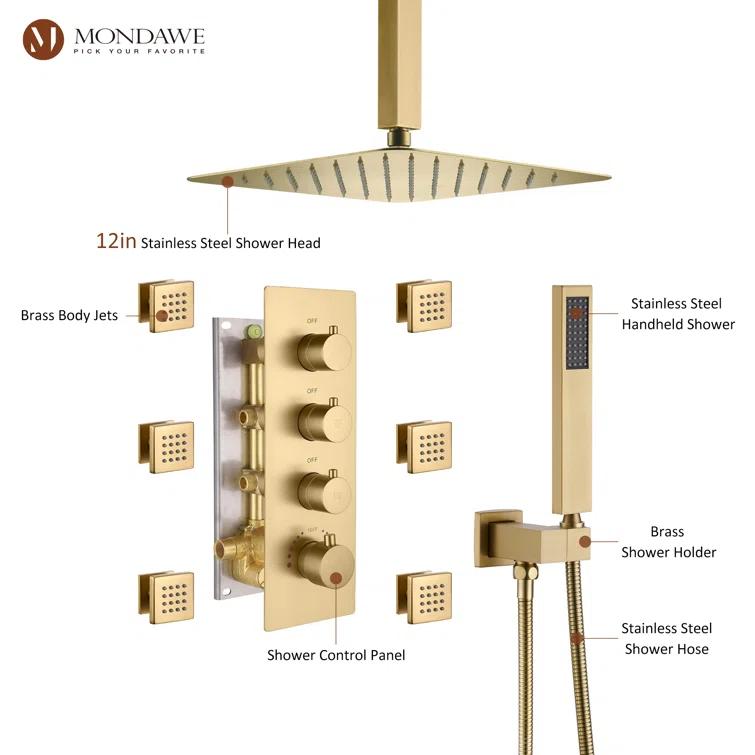 mondawe WF6310-12BG Herathena 3 Functions Ceiling Mounted Luxury Shower System with 6 Body Jets (Rough-in Valve Included)