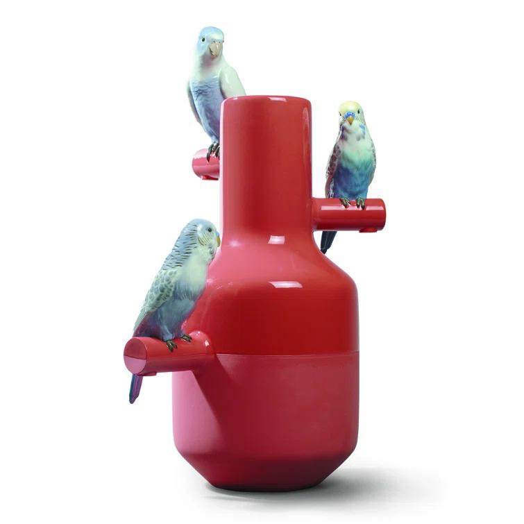 Lladro The Parrot Party 16.14" Coral/Blue Porcelain Table Vase
