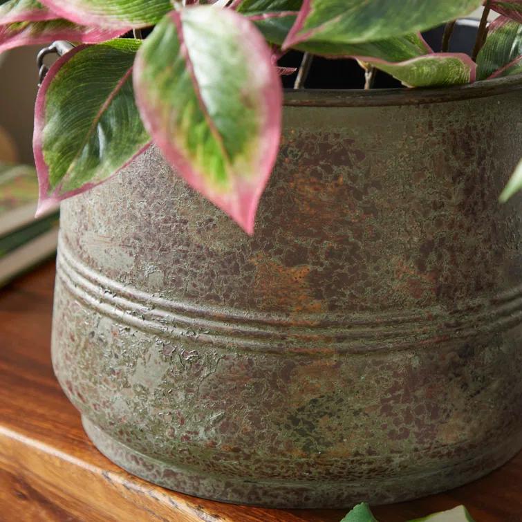 Gracie Oaks Cowden 3 Piece Metal Distressed Bucket Style Indoor Outdoor Bronze Planter with Side Ring Handles Set