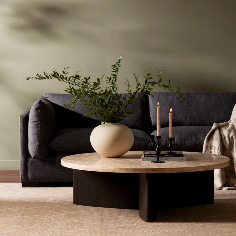 Rustic Gray Round Oak Coffee Table with Storage