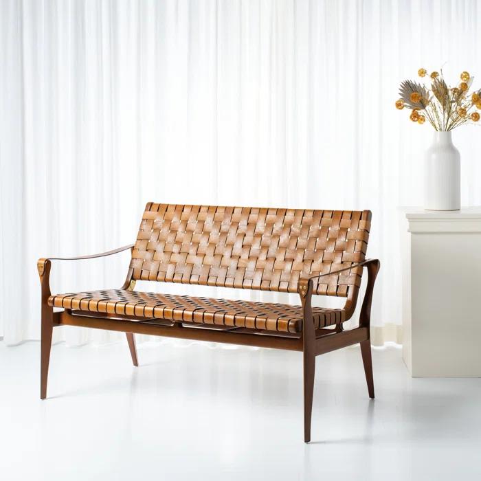 Brenton Solid Brown Leather Loveseat Bench