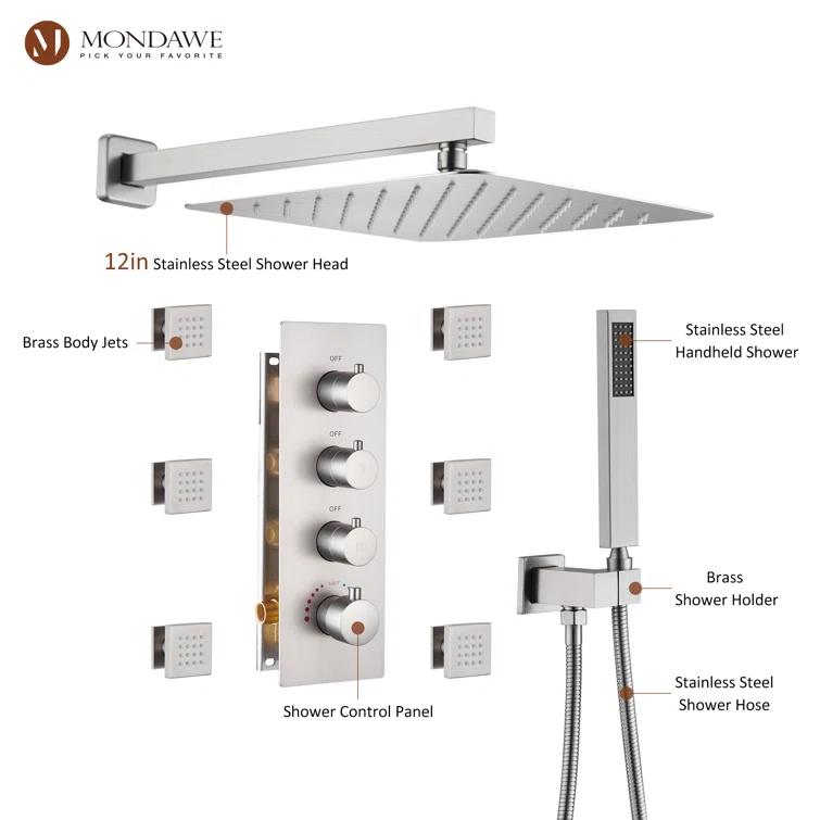 Herathena 3 Functions Wall Mounted Luxury Shower System with 6 Body Jets (Rough-in Valve Included)