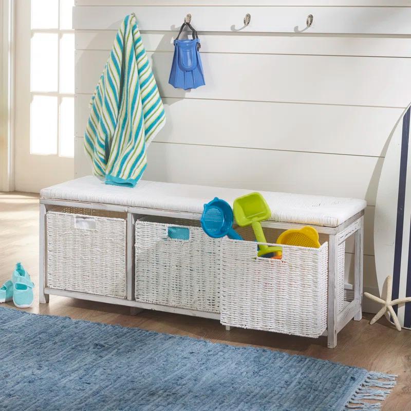 Kid''s Storage Bench With Woven Top And Baskets