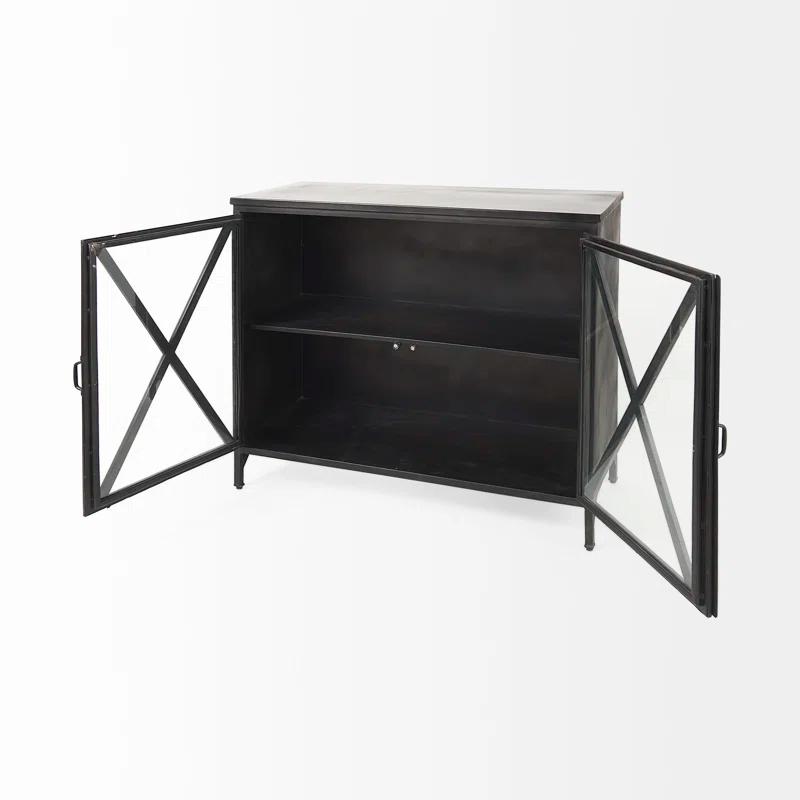 Poppy Black Iron Glass Paneled Distressed Sideboard with Storage