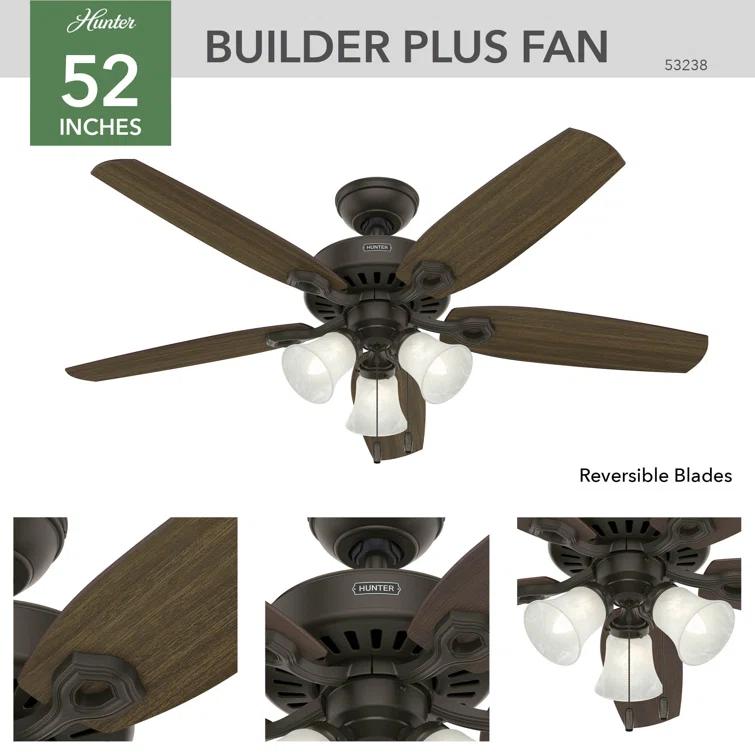 Hunter Fan Builder Plus 52" 5 - Blade Standard Ceiling Fan with Pull Chain and Light Kit Included