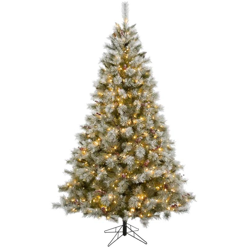 Fraser Hill Farm 6.5-Ft Prelit Homestead Pine Frosted Christmas Tree with EZ Connect Clear Smart Lights, Pinecones, and Berries
