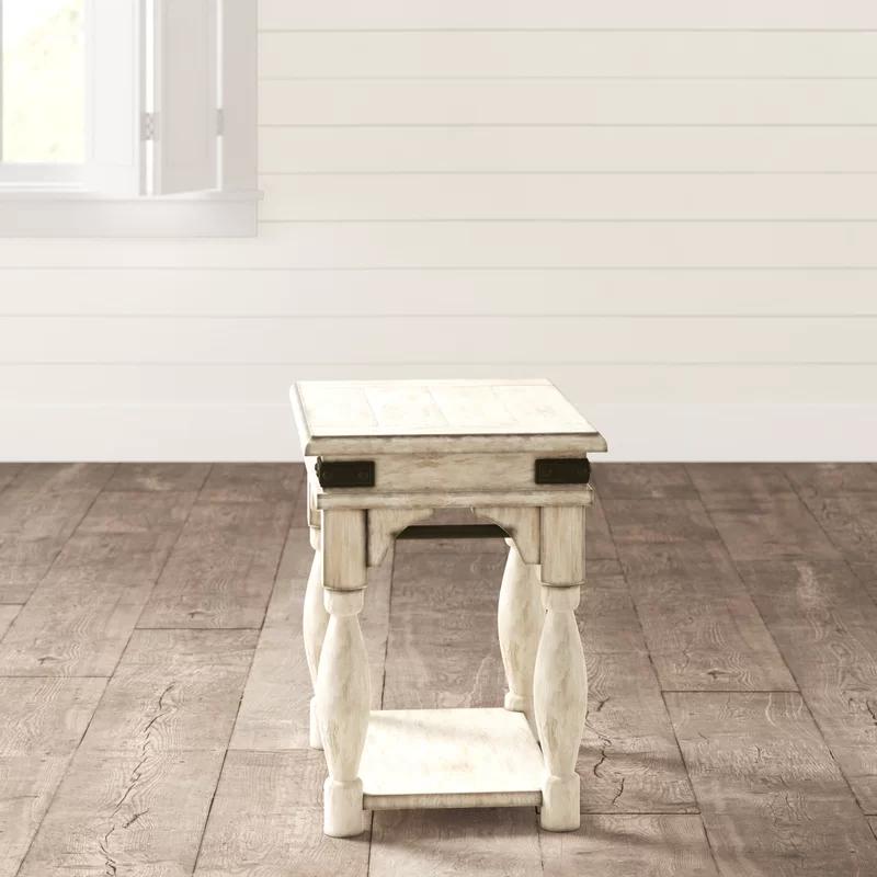 Farmhouse White Regan Rectangular Chairside Table with Metal Accents