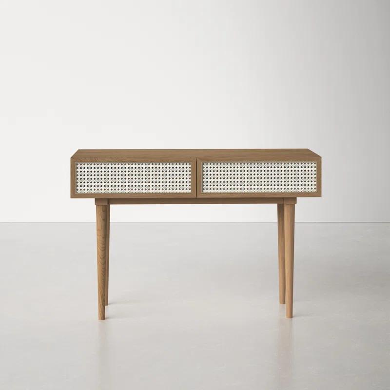 Smoked Oak & Rattan Dual-Drawer Console Table with Ball Bearing Glides