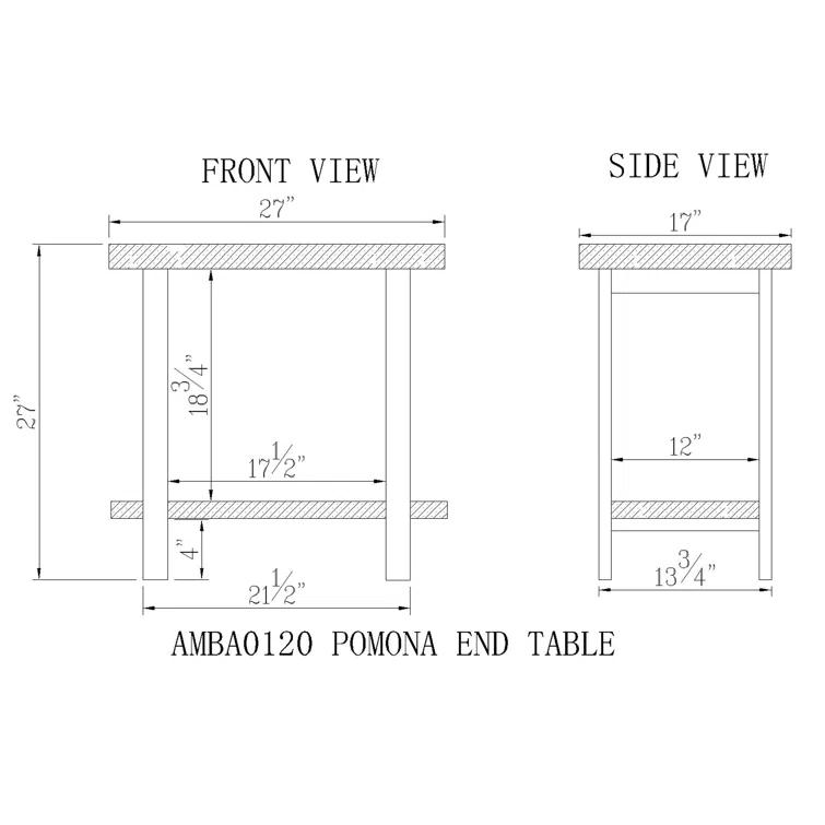 Pomona Solid Wood and Metal End Table with Shelf - Alaterre Furniture: Rustic Design, Fixed Shelf, Rectangle Shape
