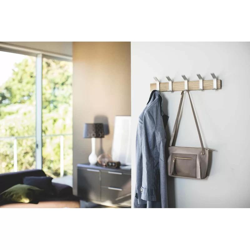 Adjustable Urban Sophisticate Wall-Mounted Coat Hanger in Natural Wood and Aluminum