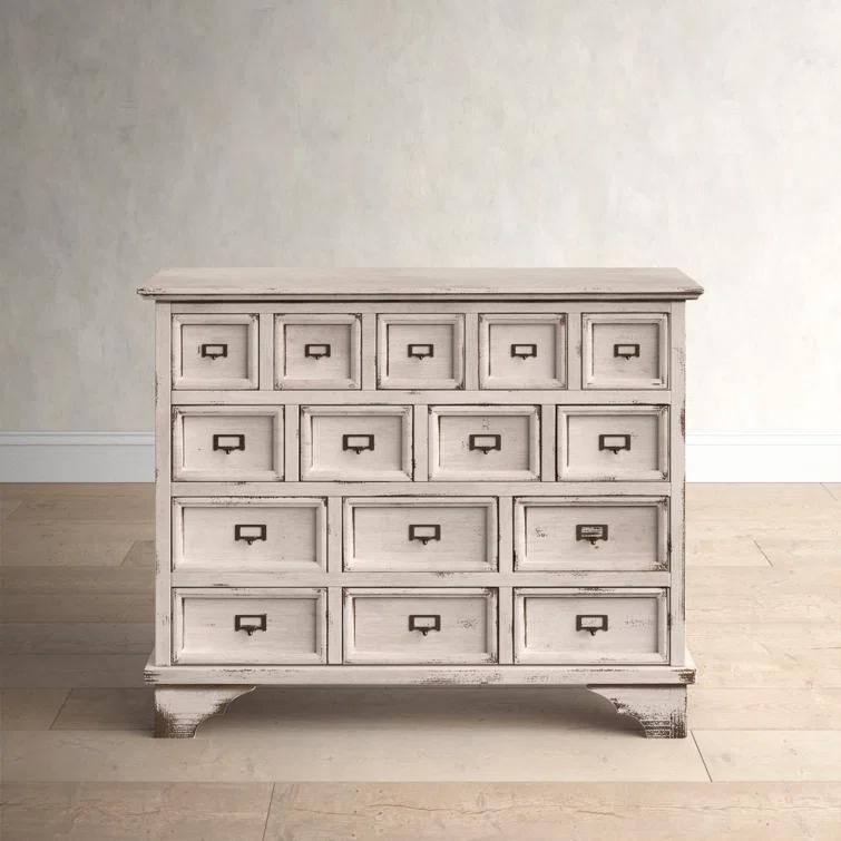 Antique White Distressed 15-Drawer Light Wood Apothecary Cabinet