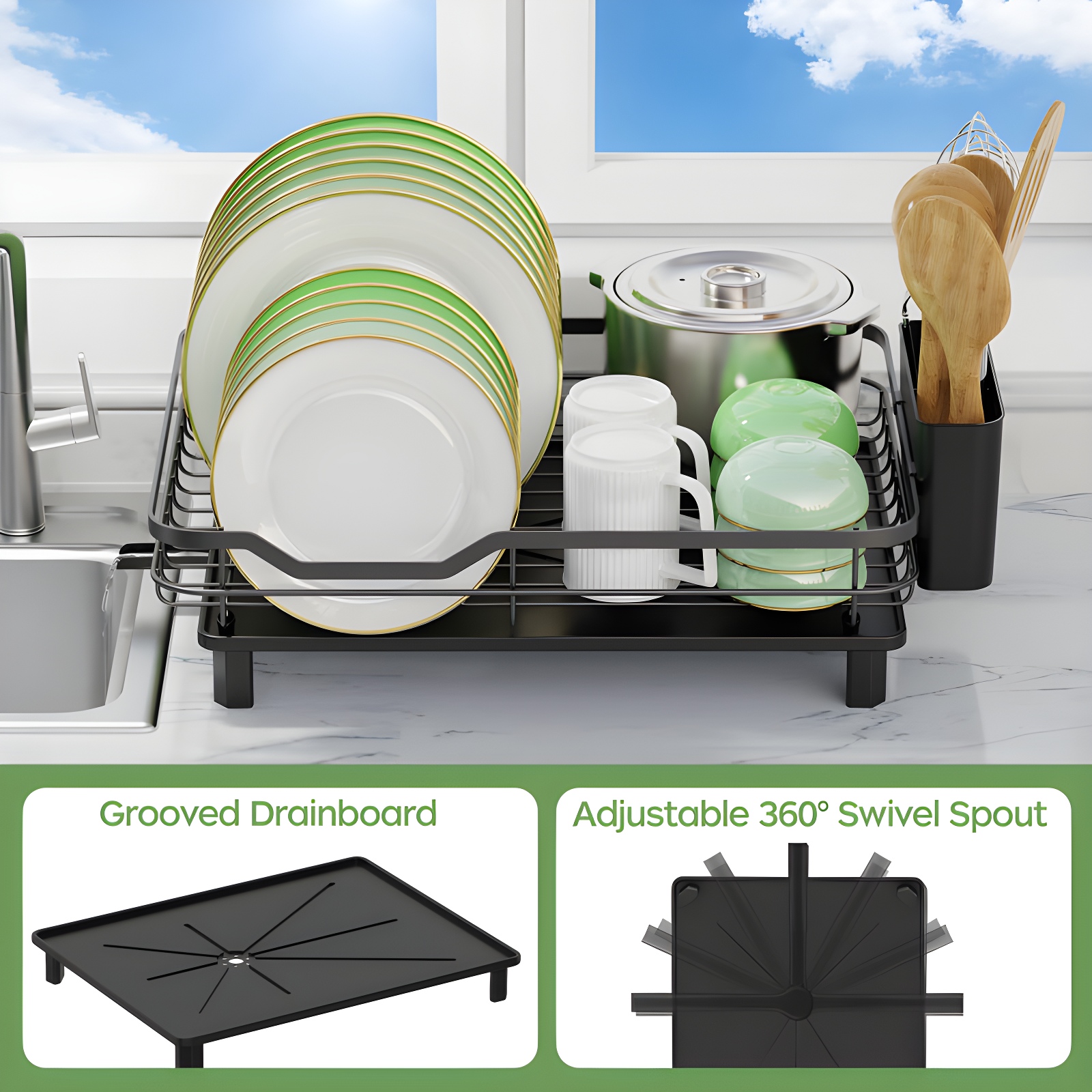 Compact Black Stainless Steel Dish Drying Rack - Rust Resistant, Space Saving With Fast Auto Drainage