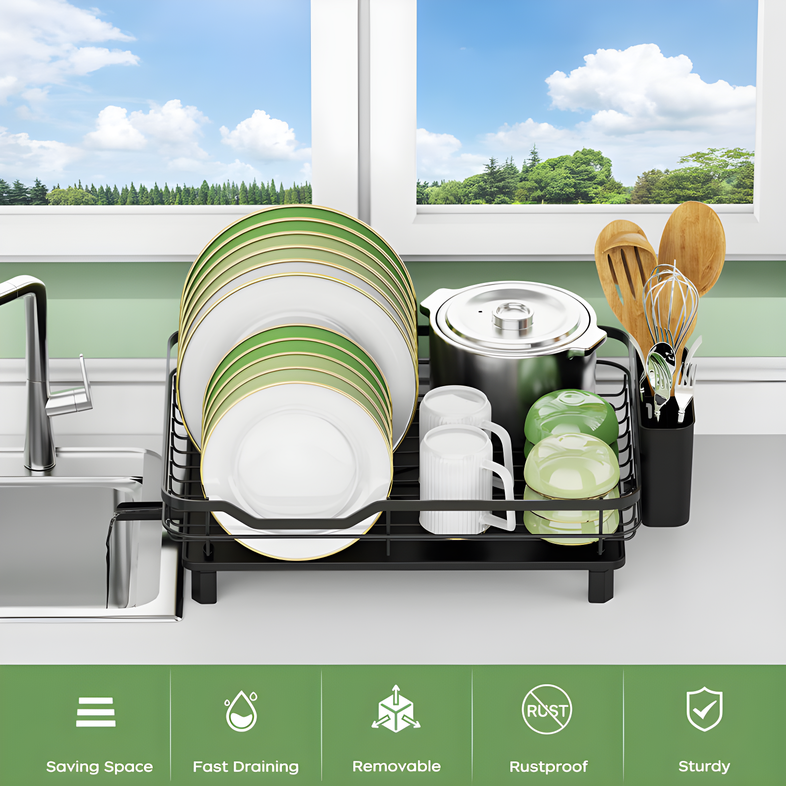 Compact Black Stainless Steel Dish Drying Rack - Rust Resistant, Space Saving With Fast Auto Drainage