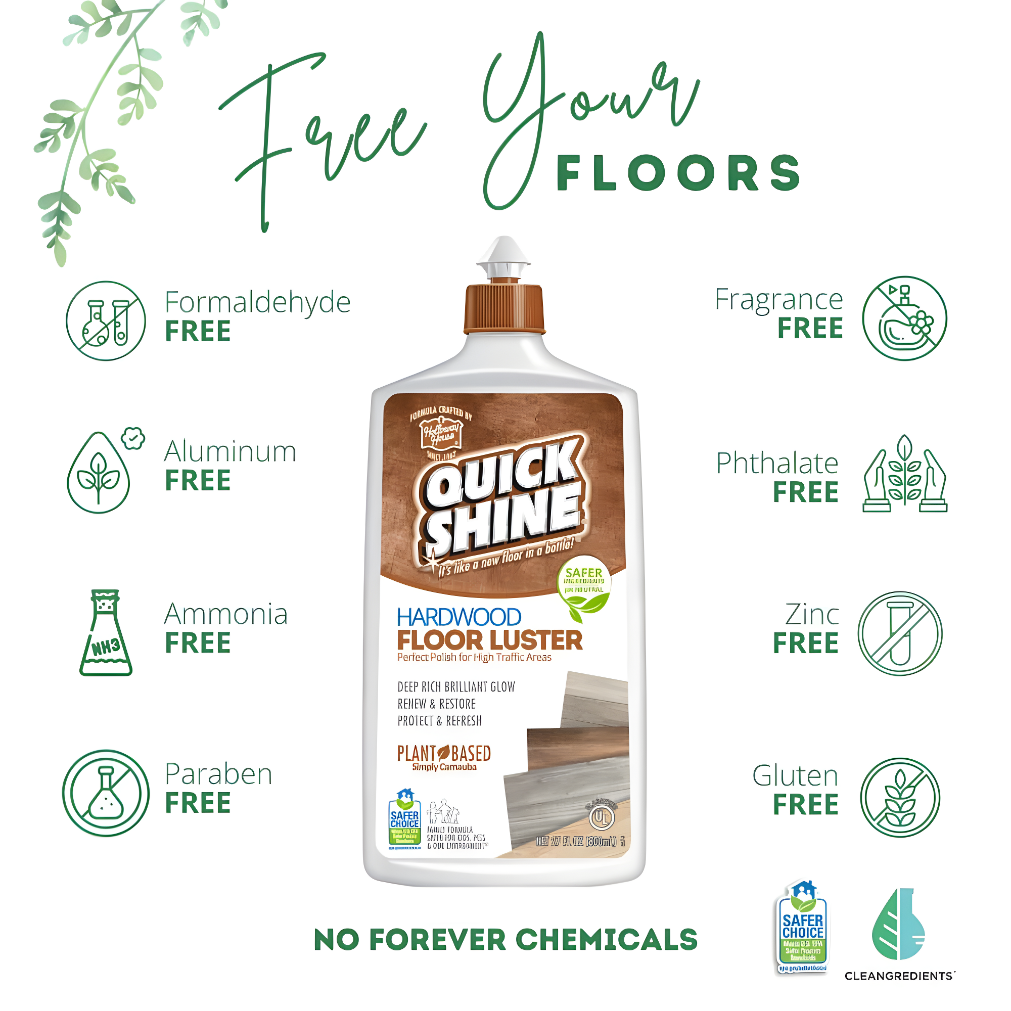 Quick Shine Hardwood Floor Luster, Pfas-Free Formula Floor Polish with Plant-Derived Carnauba 27oz