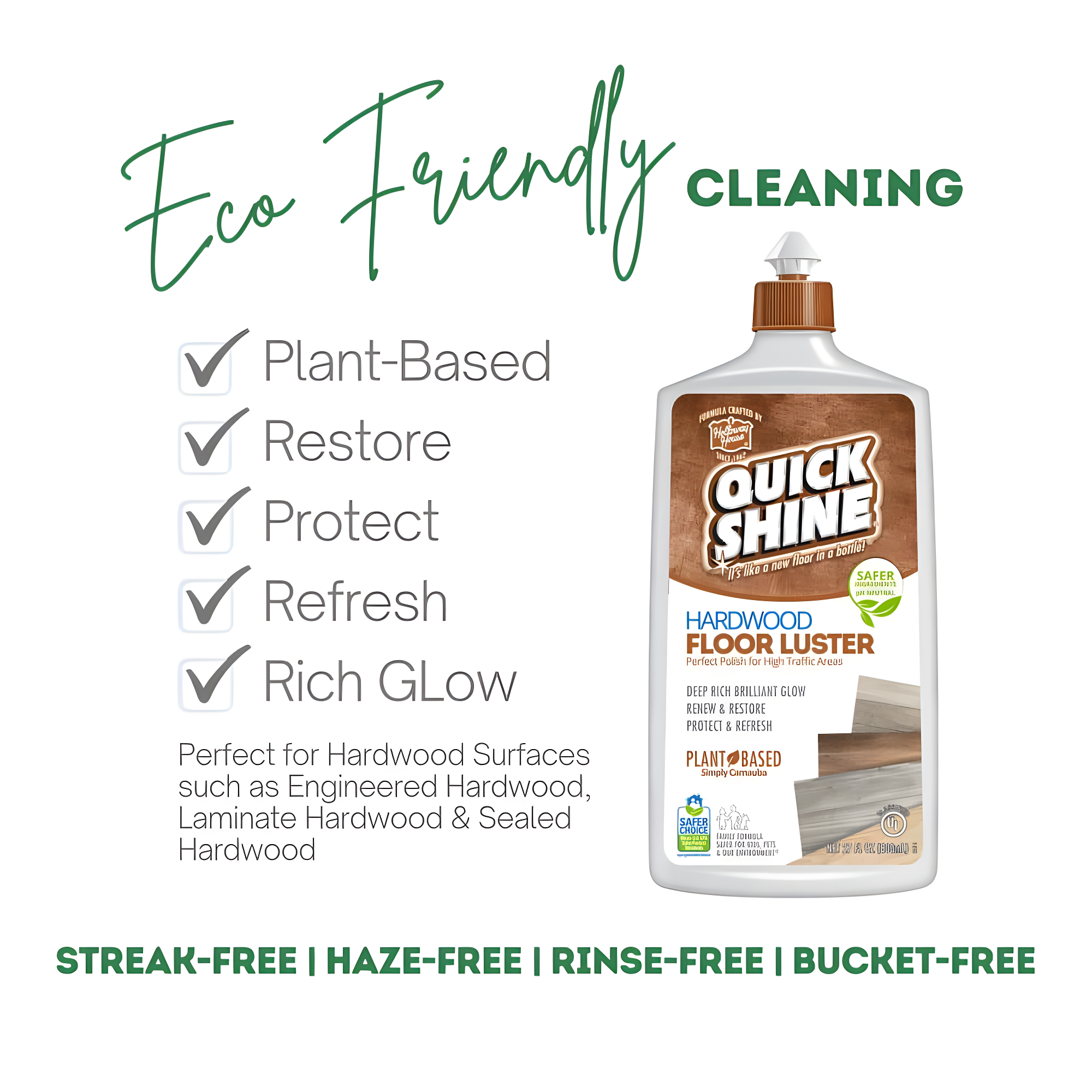 Quick Shine Hardwood Floor Luster, Pfas-Free Formula Floor Polish with Plant-Derived Carnauba 27oz