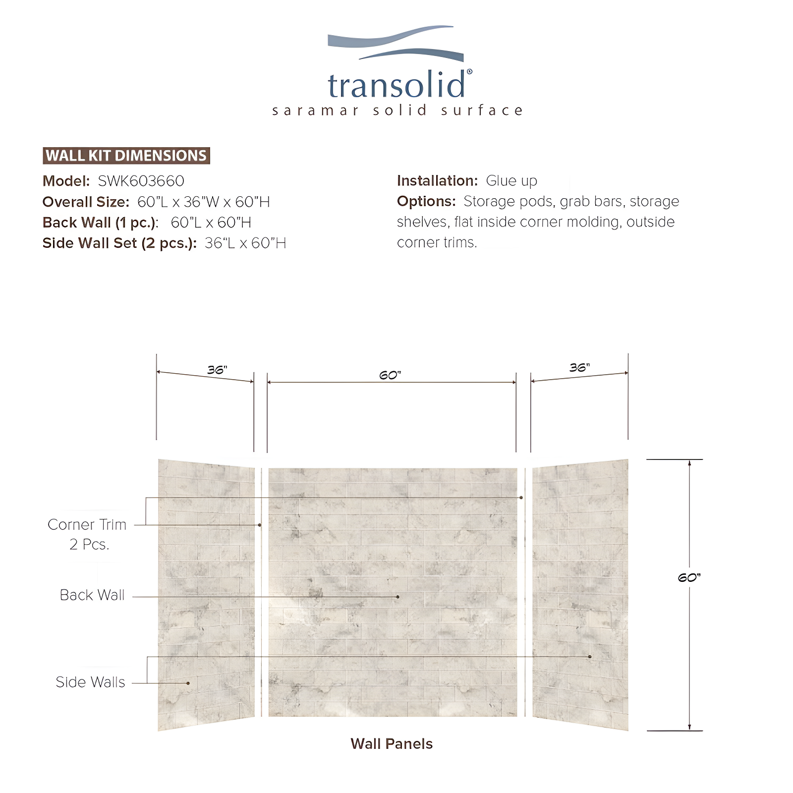 Transolid SaraMar 60'' W 36'' D 60'' H Glue Up Solid Surface Wall