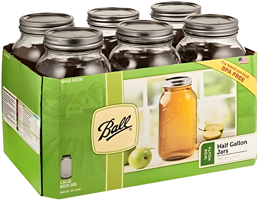 Ball 64oz 6pk Glass Wide Mouth Mason Jar with Lid and Band: Clear Canning Jars, Dishwasher-Safe, 4" Neck Diameter