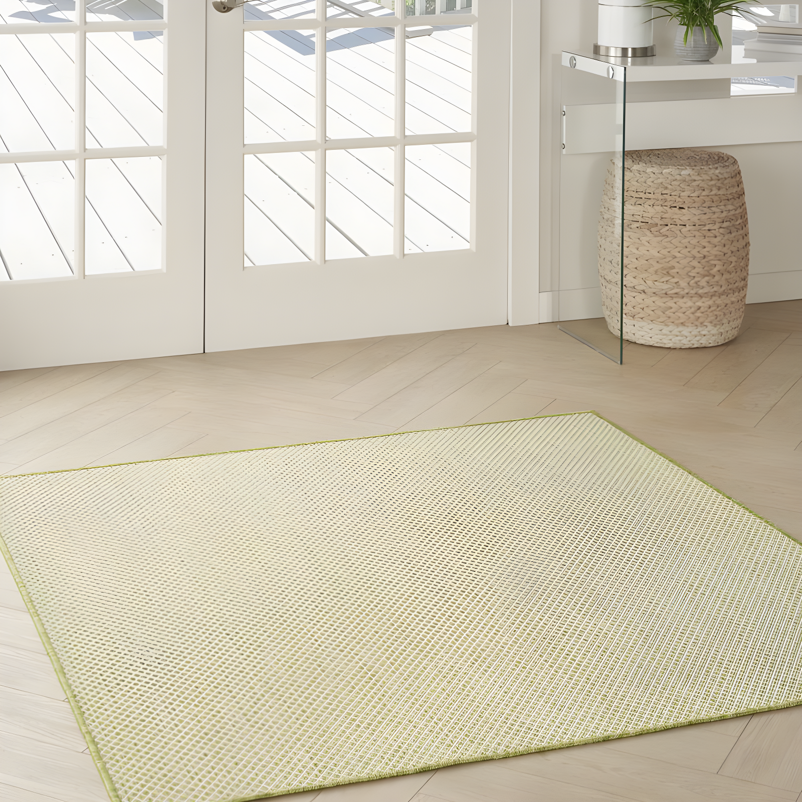 Nourison 4' x 4' Courtyard Modern Easy Care Flatweave Indoor Outdoor Square Rug Ivory Green