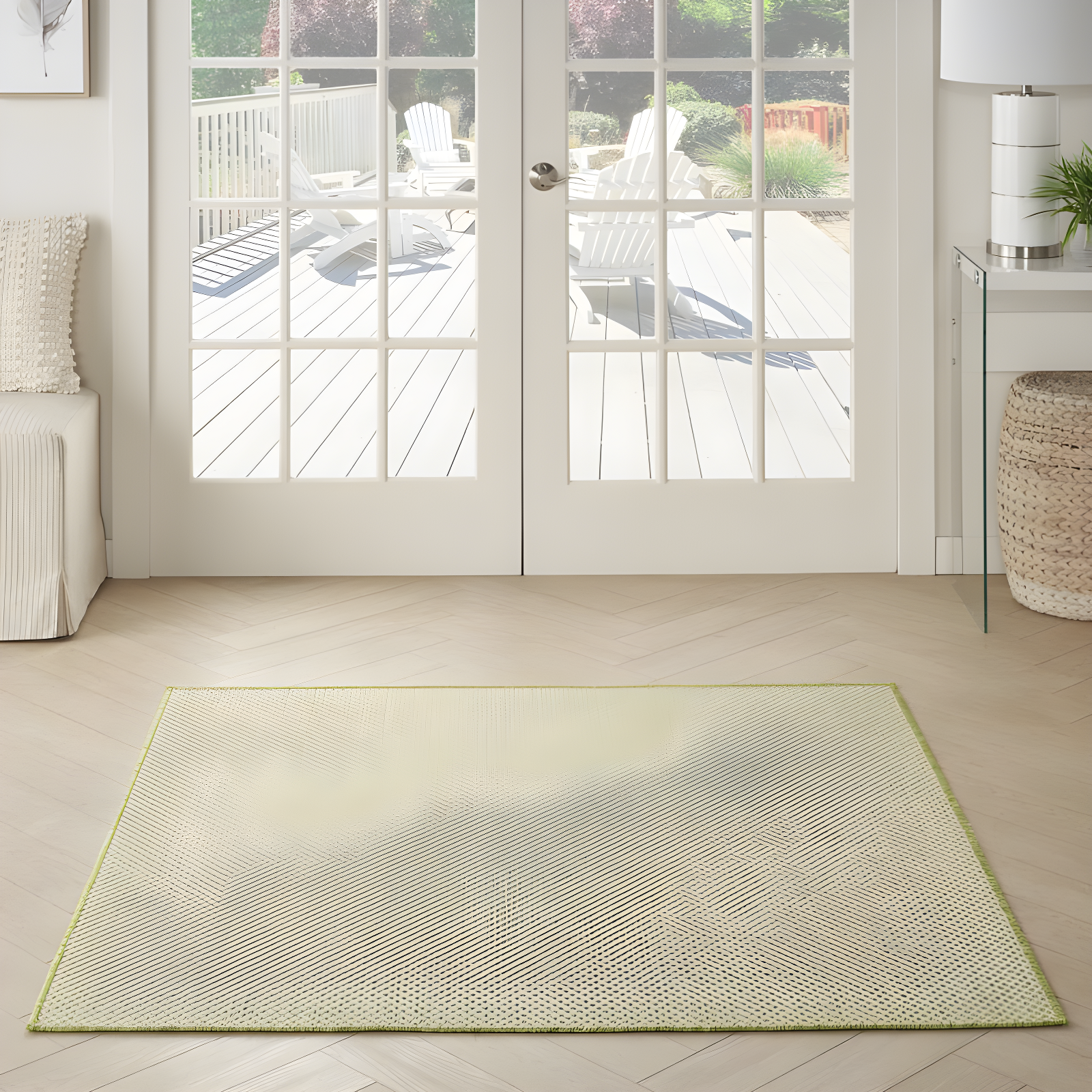 Nourison 4' x 4' Courtyard Modern Easy Care Flatweave Indoor Outdoor Square Rug Ivory Green