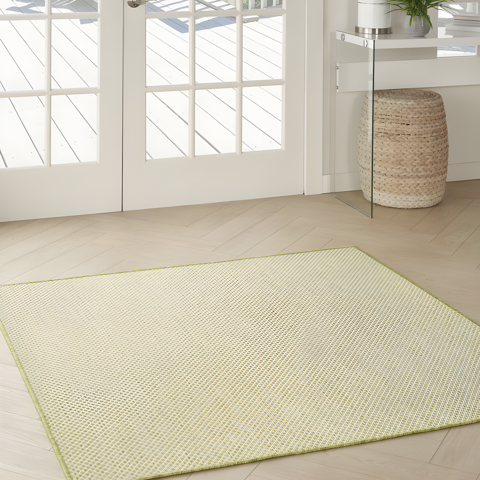 Nourison 4' x 4' Courtyard Modern Easy Care Flatweave Indoor Outdoor Square Rug Ivory Green