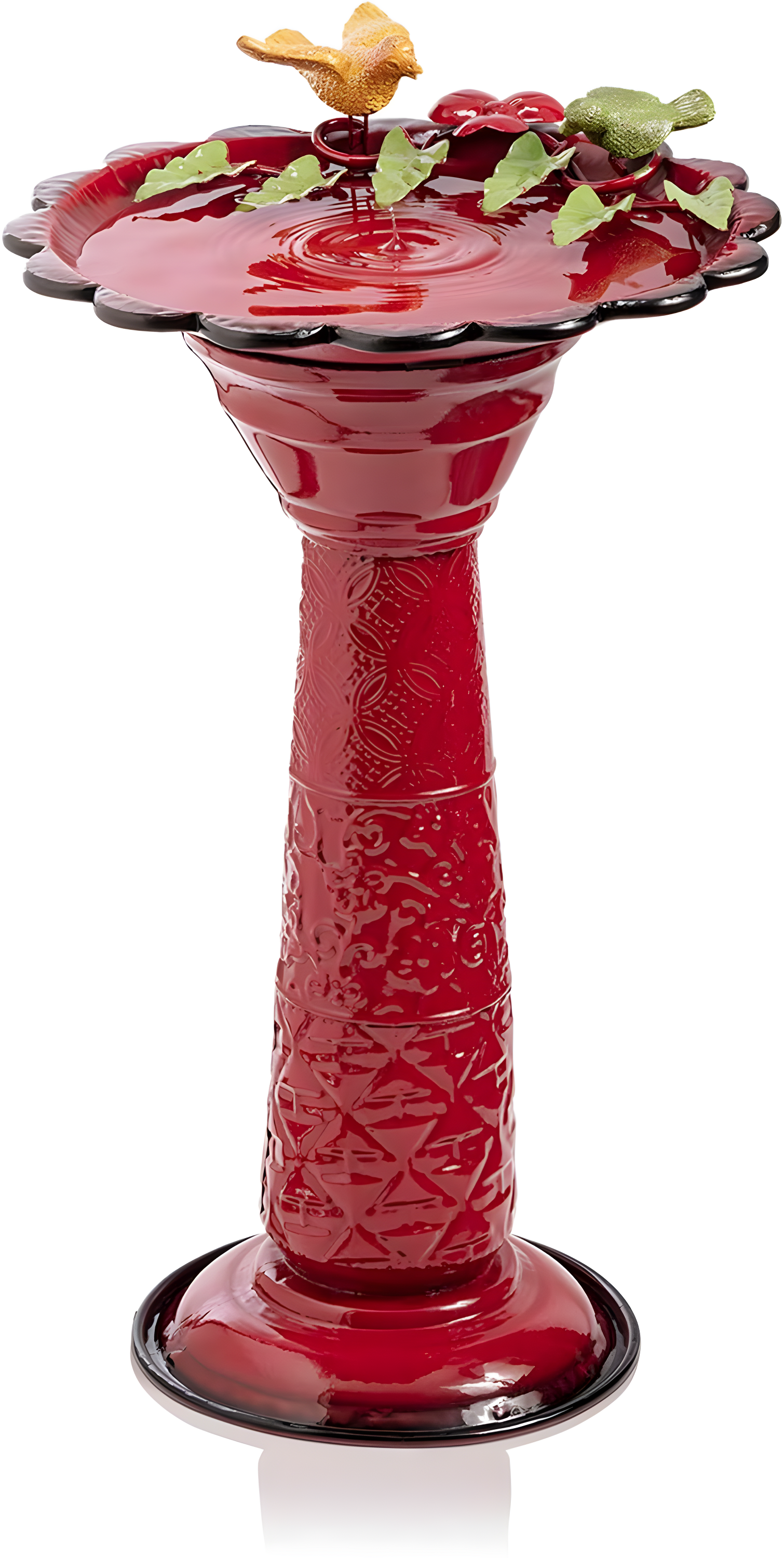 28" Metal Birdbath With Birds And Leaves - Red - Alpine Corporation