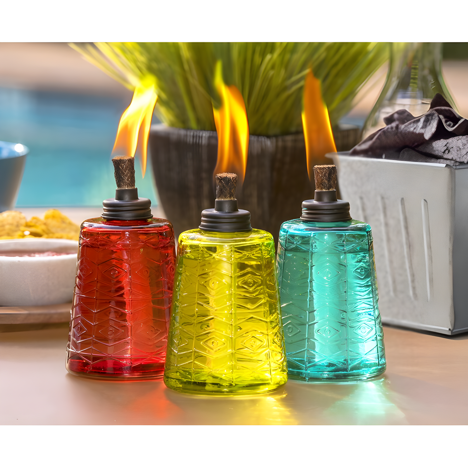 TIKI Brand TIKI® Brand 6 Inch Table Torch Glass Red, Green and Blue (Set of 3)