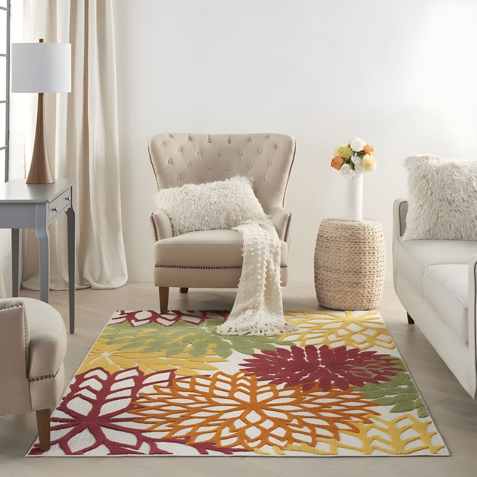 Nourison Aloha Floral Bloom Flatweave High-Low Indoor Outdoor Area Rug Red Multi Colored 3'6" x 5'6"