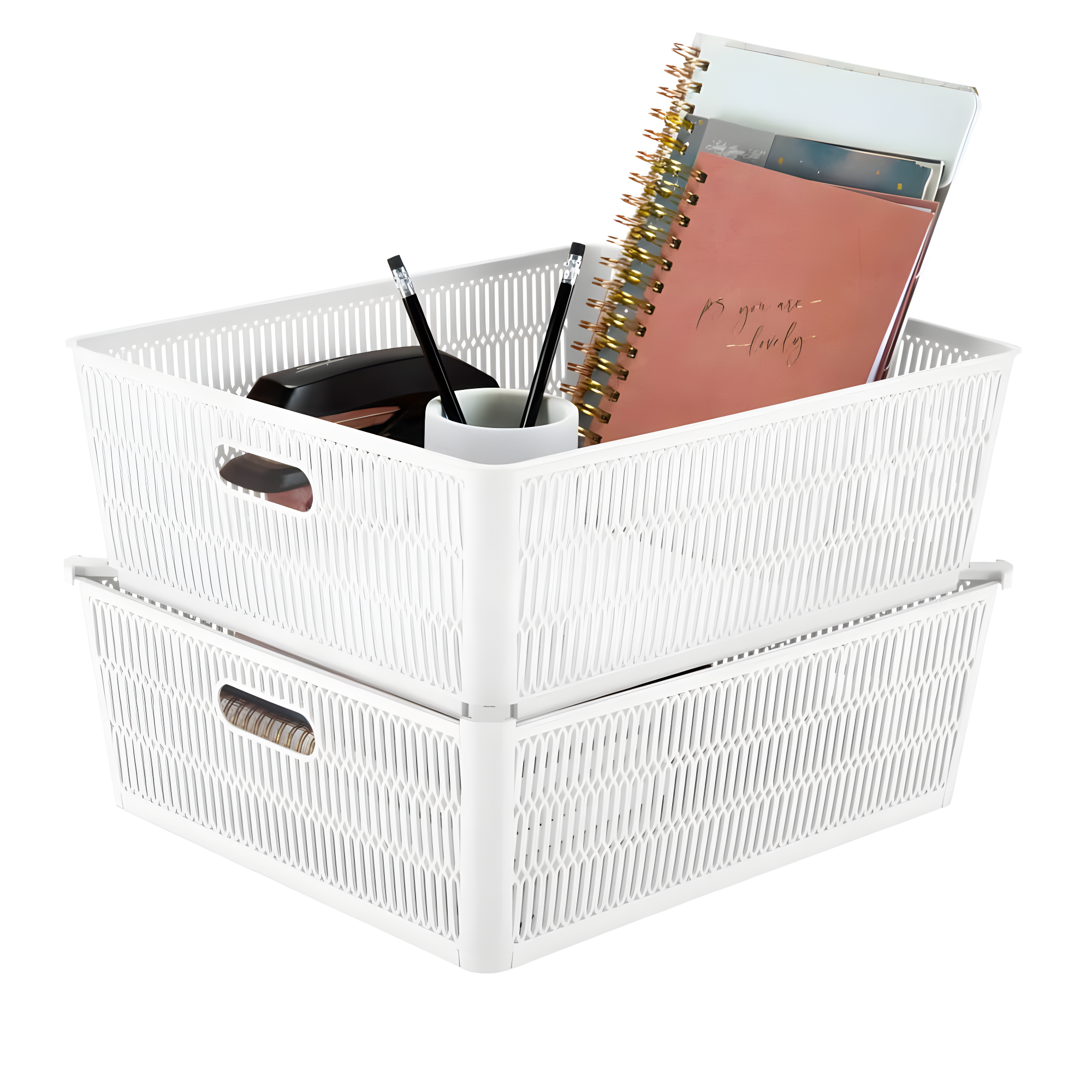Simplify 2pk Large Slide and Stack Storage Shallow Totes White: Polypropylene Sliding Bins, Decorative Storage, 975 Volume