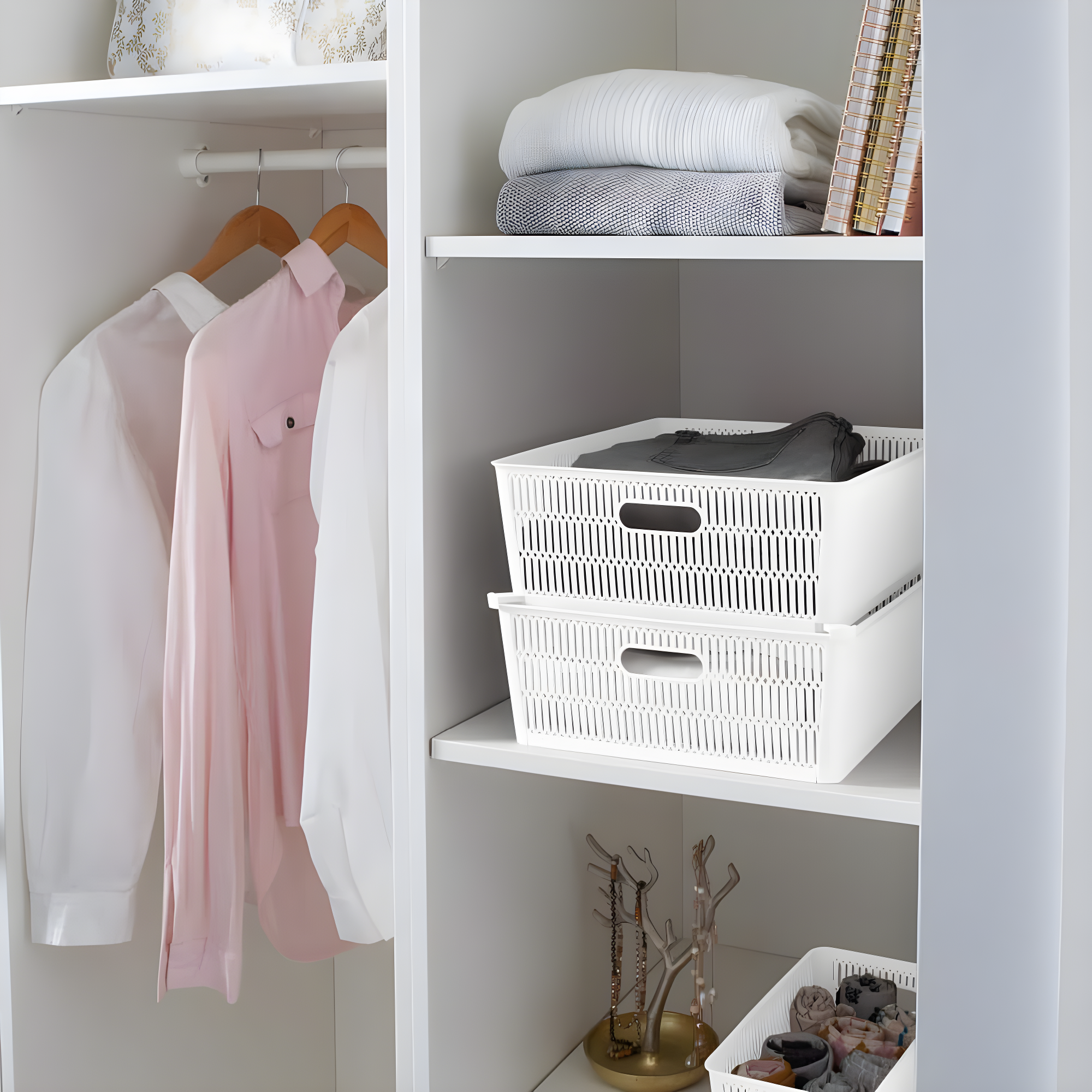 Simplify 2pk Large Slide and Stack Storage Shallow Totes White: Polypropylene Sliding Bins, Decorative Storage, 975 Volume