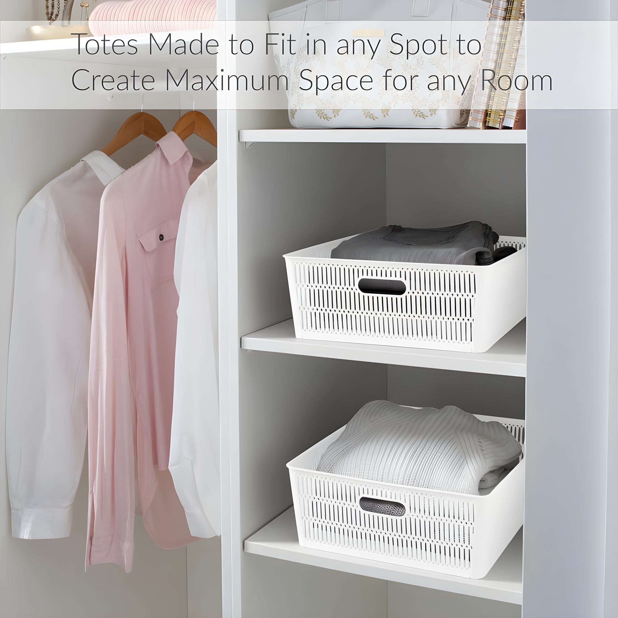 Simplify 2pk Large Slide and Stack Storage Shallow Totes White: Polypropylene Sliding Bins, Decorative Storage, 975 Volume