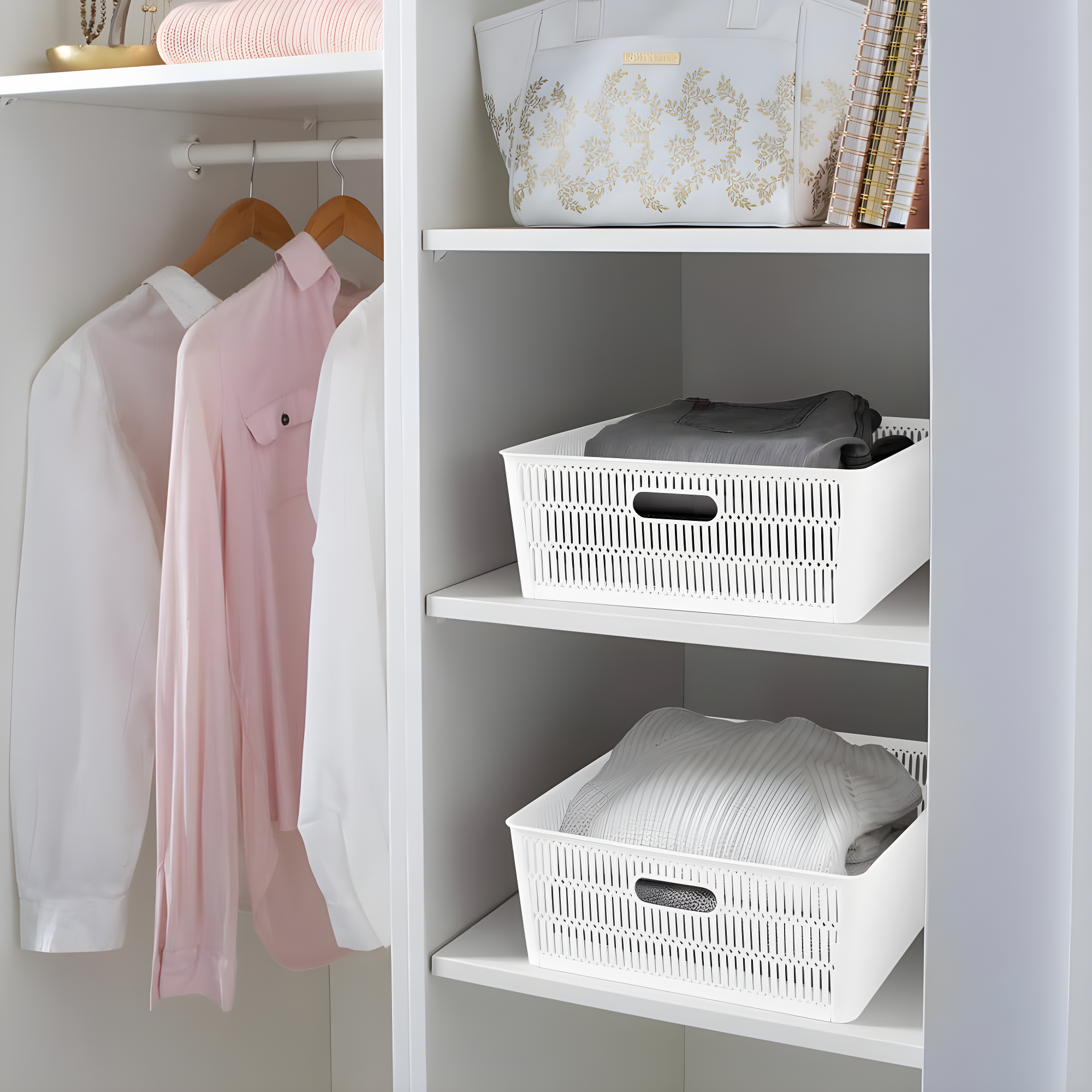 Simplify 2pk Large Slide and Stack Storage Shallow Totes White: Polypropylene Sliding Bins, Decorative Storage, 975 Volume