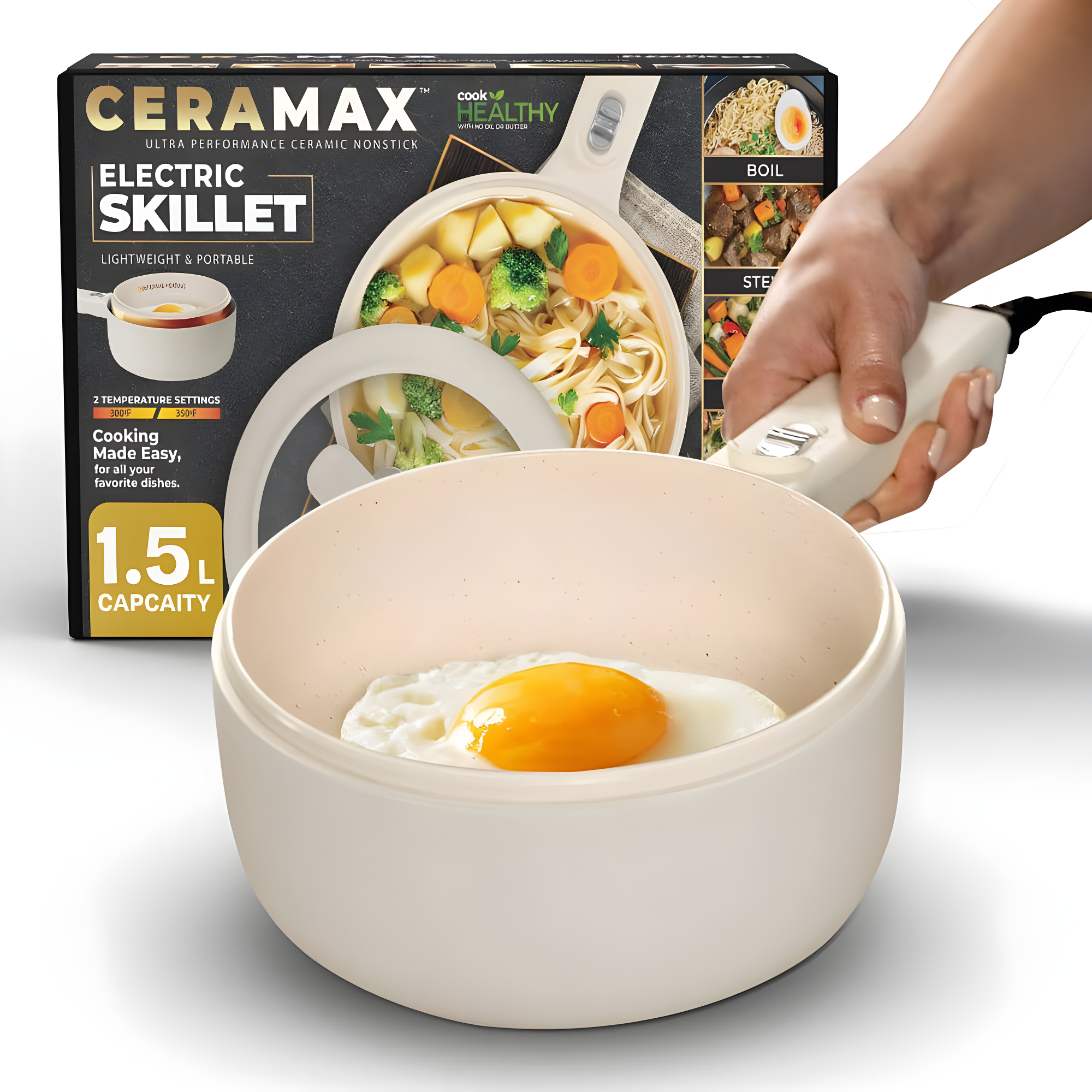Ceramax Electric Hot Pot 1.5 Liters Nonstick Ceramic Skillet Pan Mini Cooker With Lid Steamer