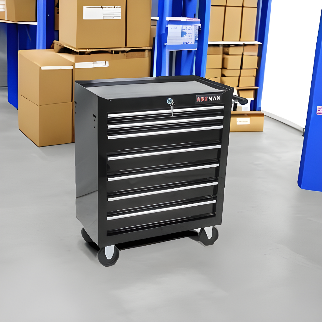 7 Drawer Tool Cart on Wheels, Tool Storage Cabinet with Key Lock, Versatile Rolling Tool Cart for Garages, Warehouses and Repair Shops, Black
