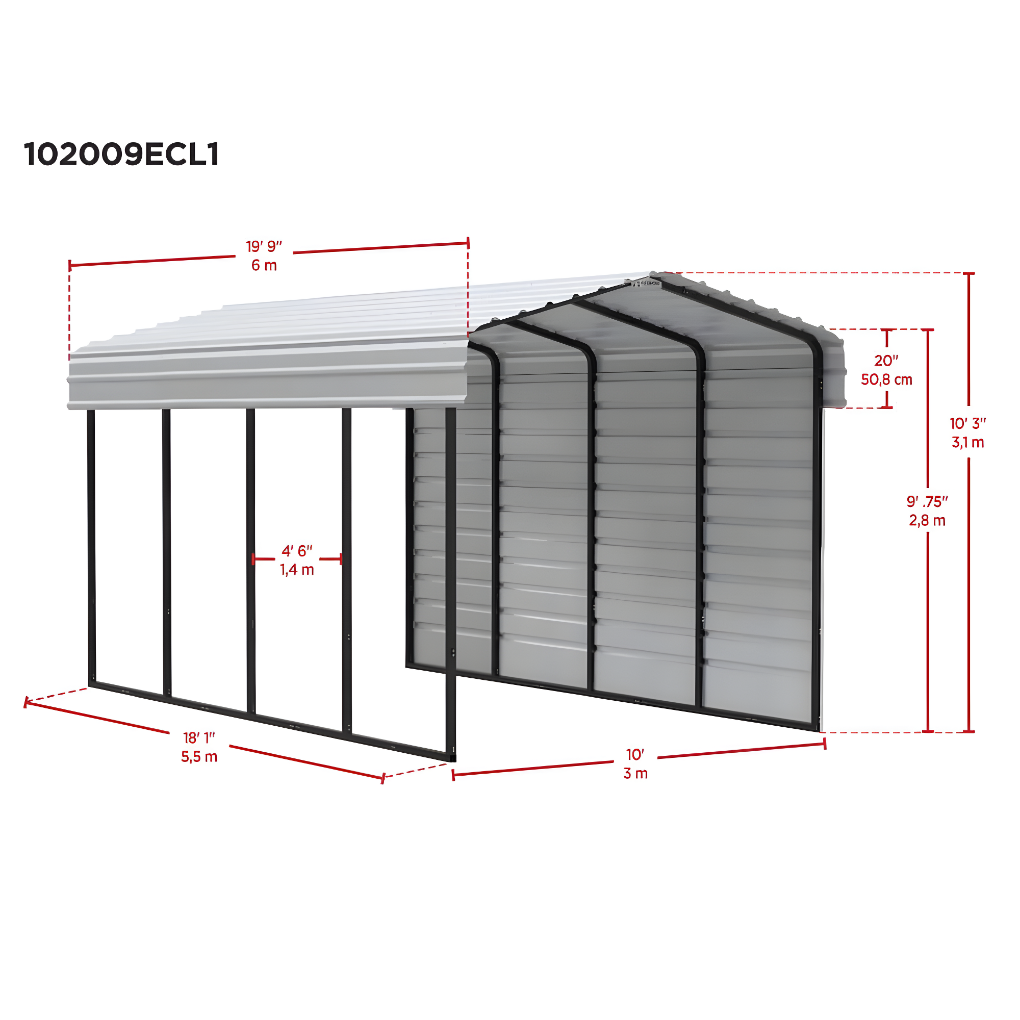 Arrow 20 x 10 ft Carport with 1-sided Enclosure