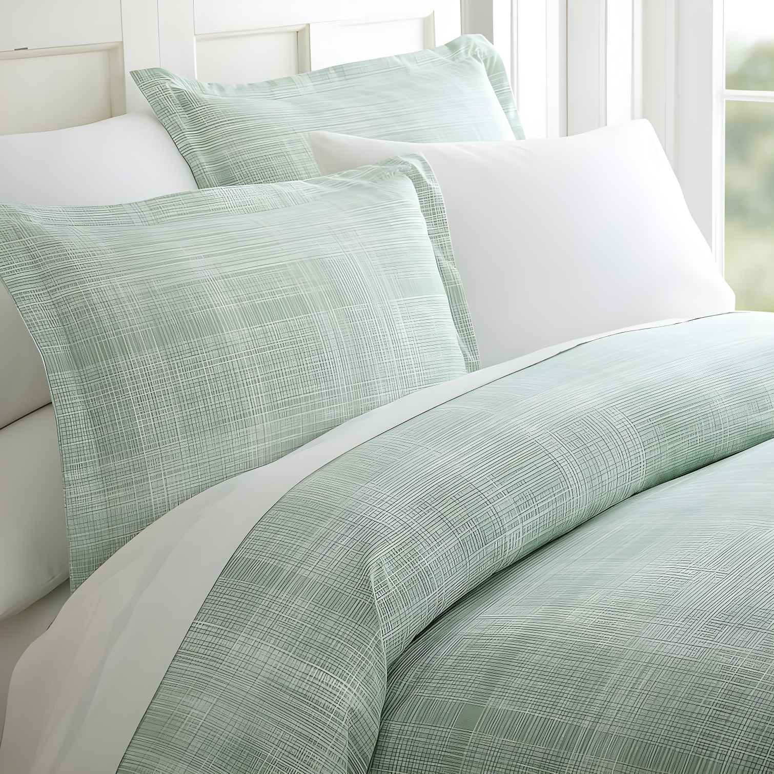 Aqua Plaid Microfiber Full/Queen Duvet Cover Set with Shams