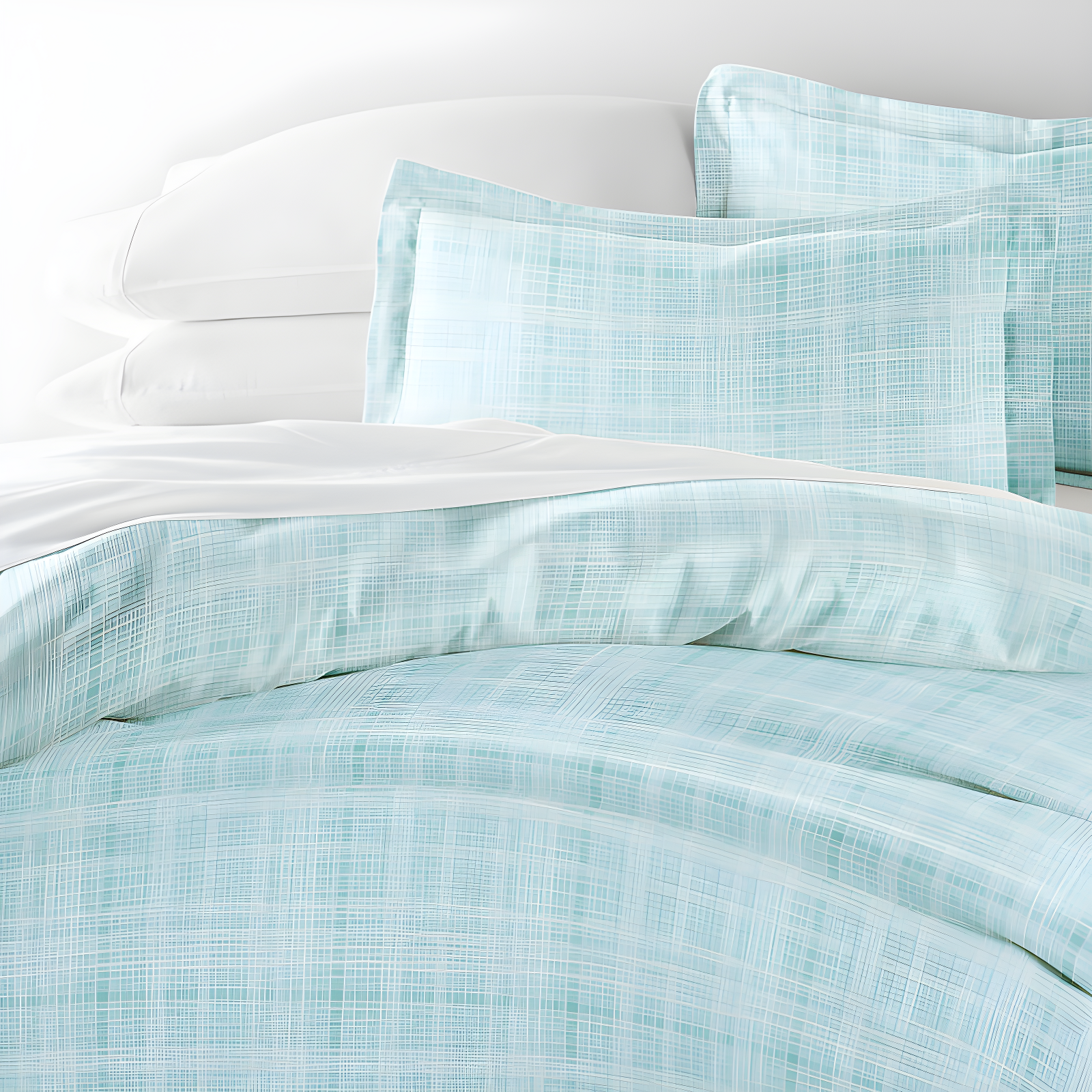 Aqua Plaid Microfiber Full/Queen Duvet Cover Set with Shams