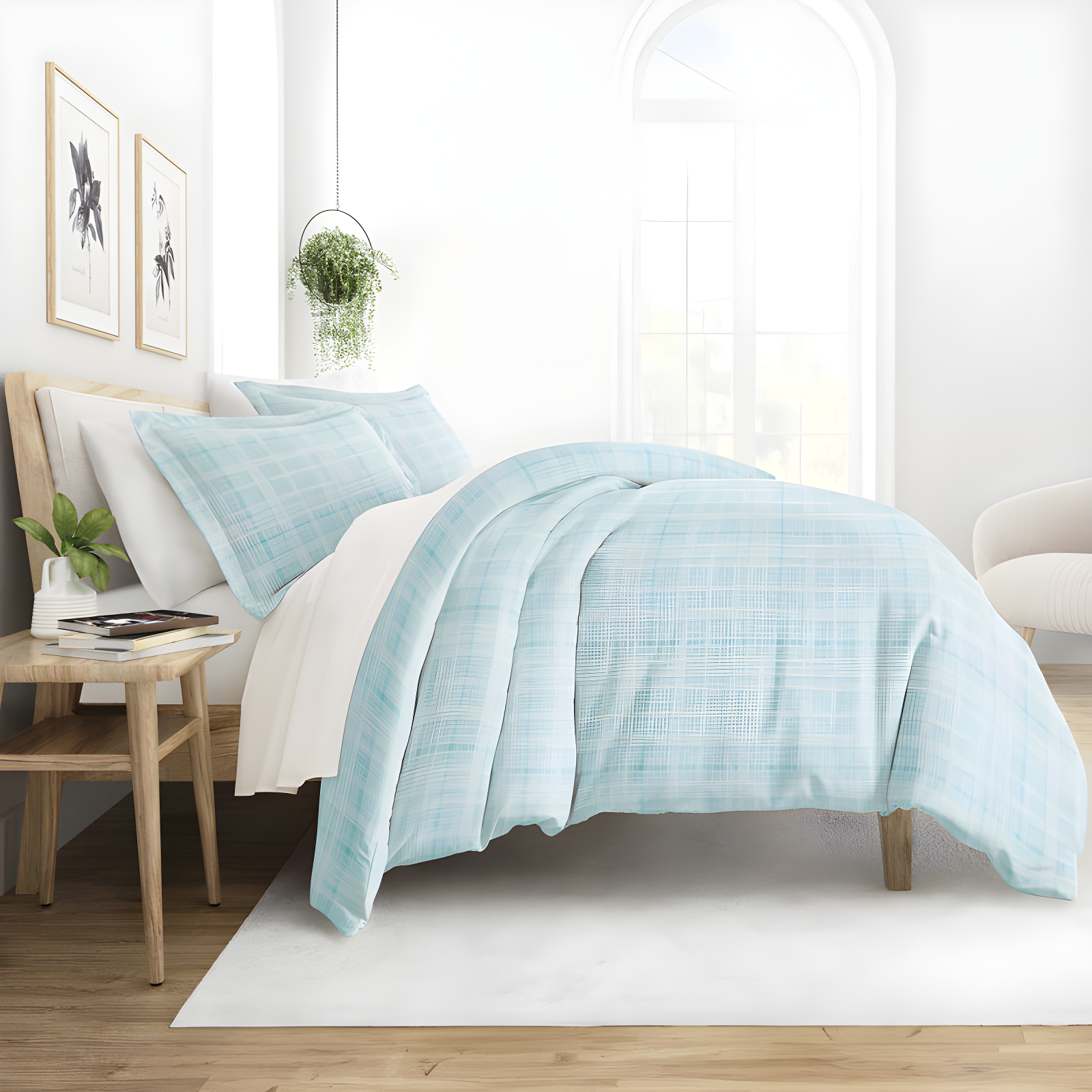 Aqua Plaid Microfiber Full/Queen Duvet Cover Set with Shams