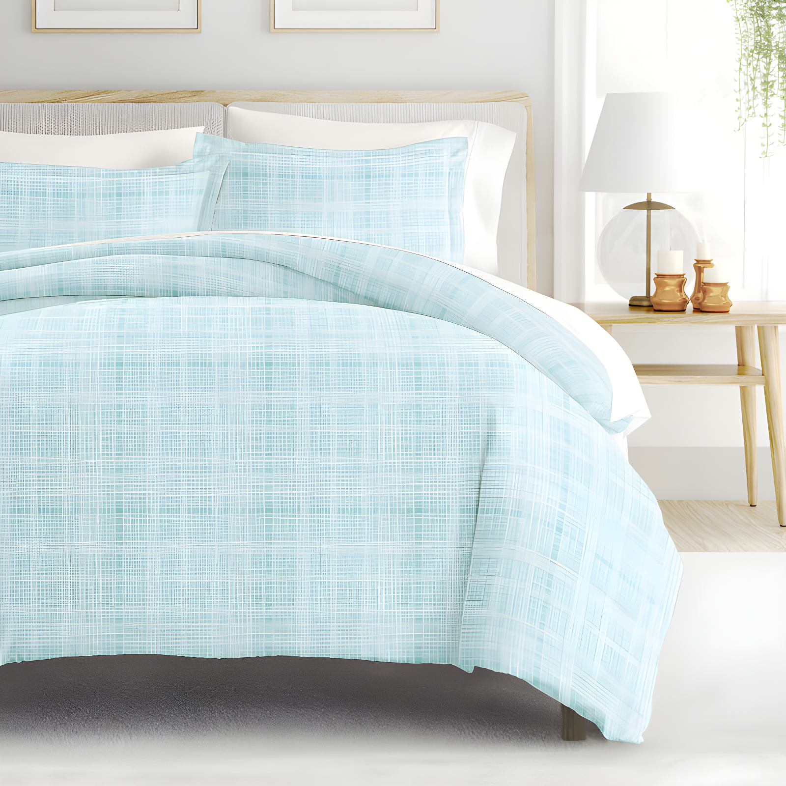 Aqua Plaid Microfiber Full/Queen Duvet Cover Set with Shams