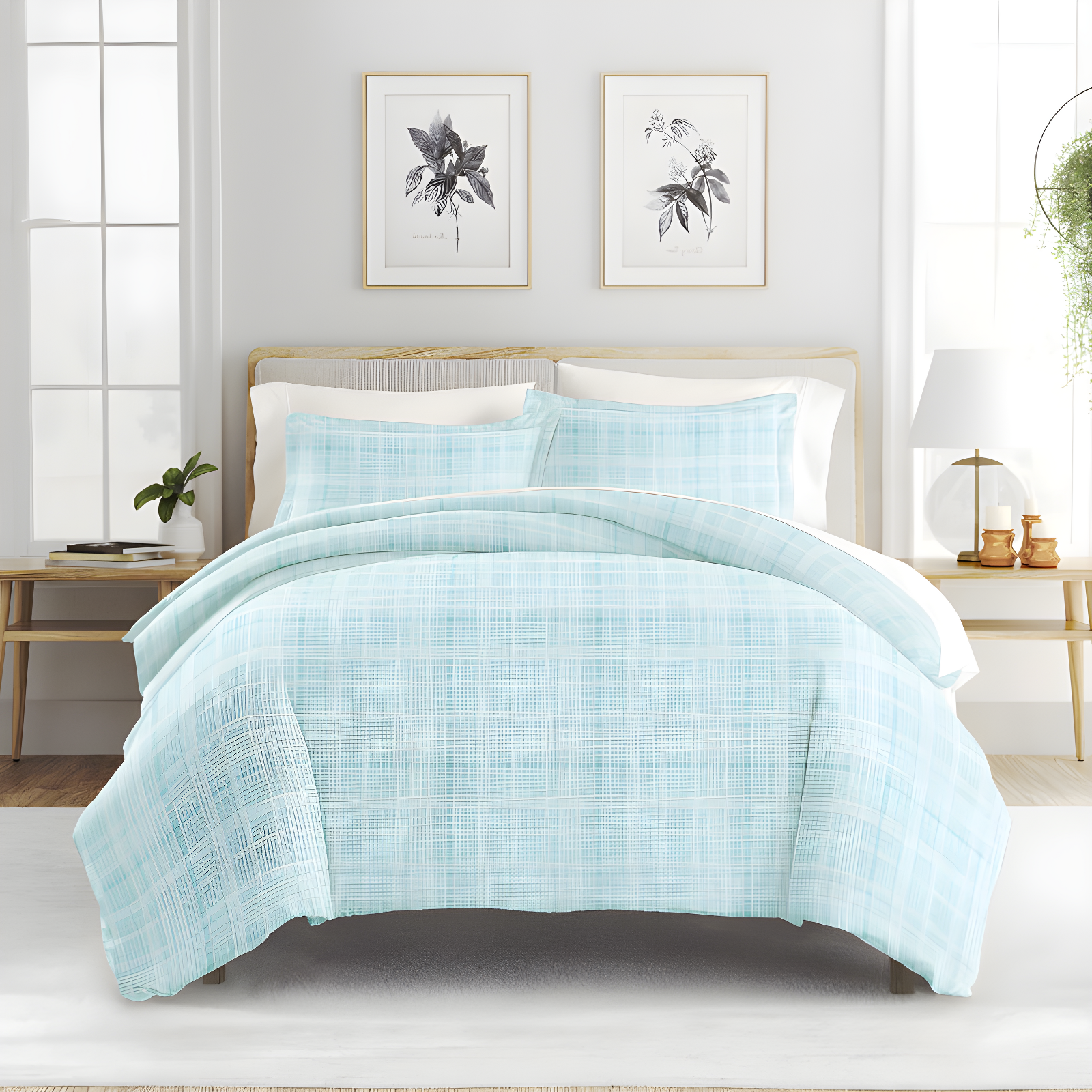 Aqua Plaid Microfiber Full/Queen Duvet Cover Set with Shams
