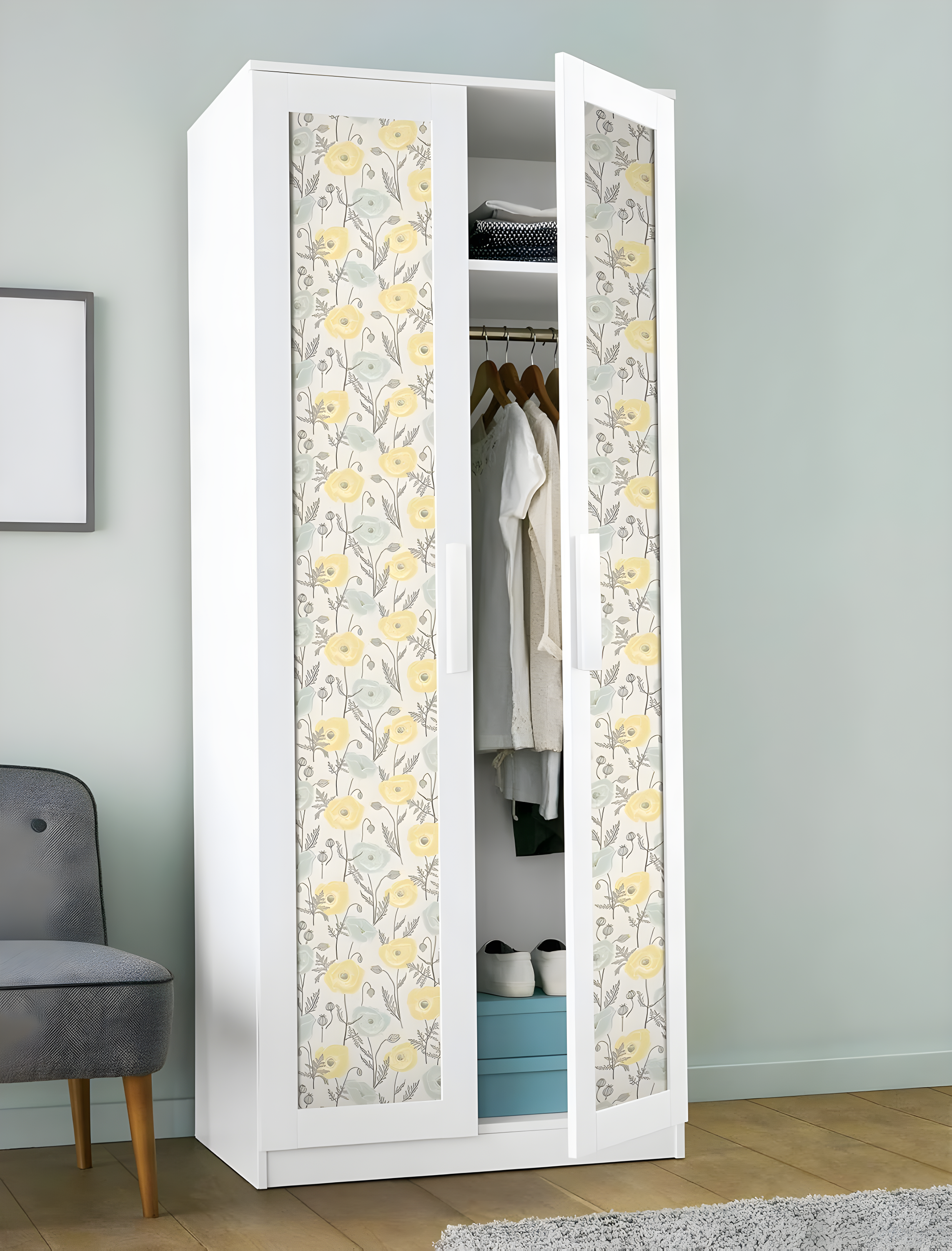 Aqua and Yellow Poppy Field Peel and Stick Wallpaper
