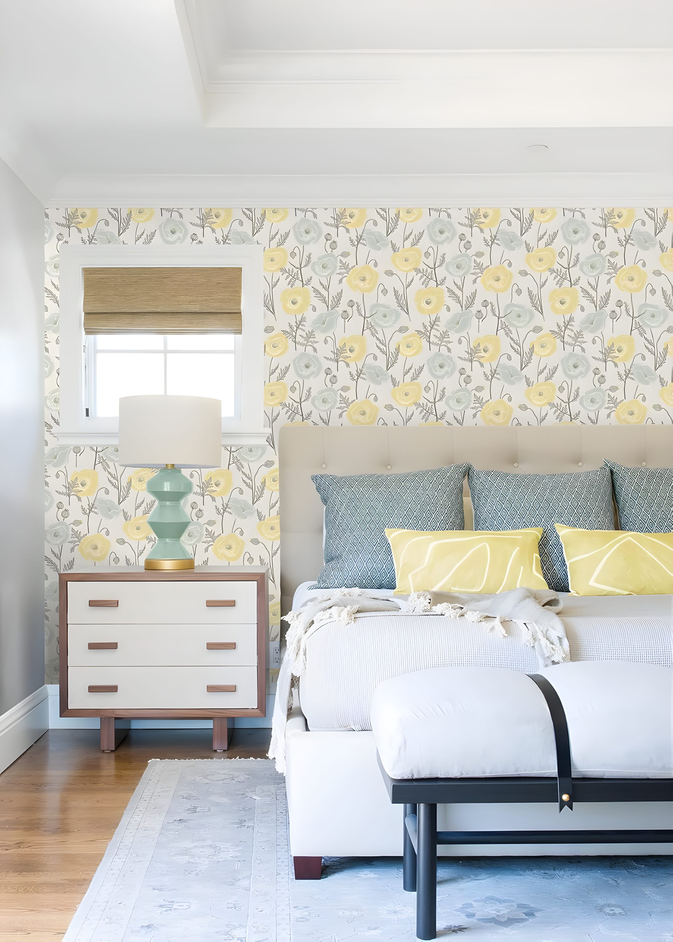 Aqua and Yellow Poppy Field Peel and Stick Wallpaper