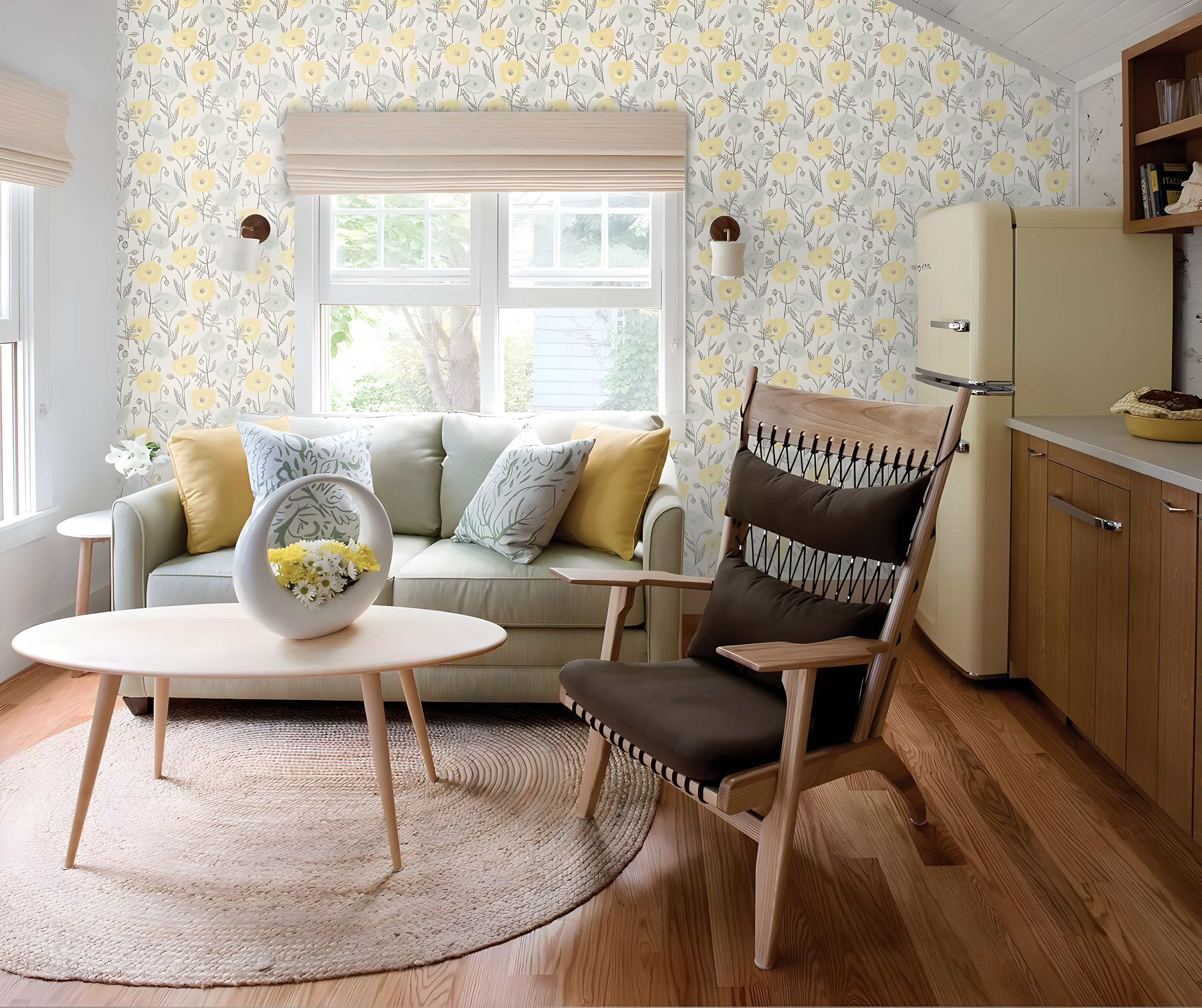 Aqua and Yellow Poppy Field Peel and Stick Wallpaper