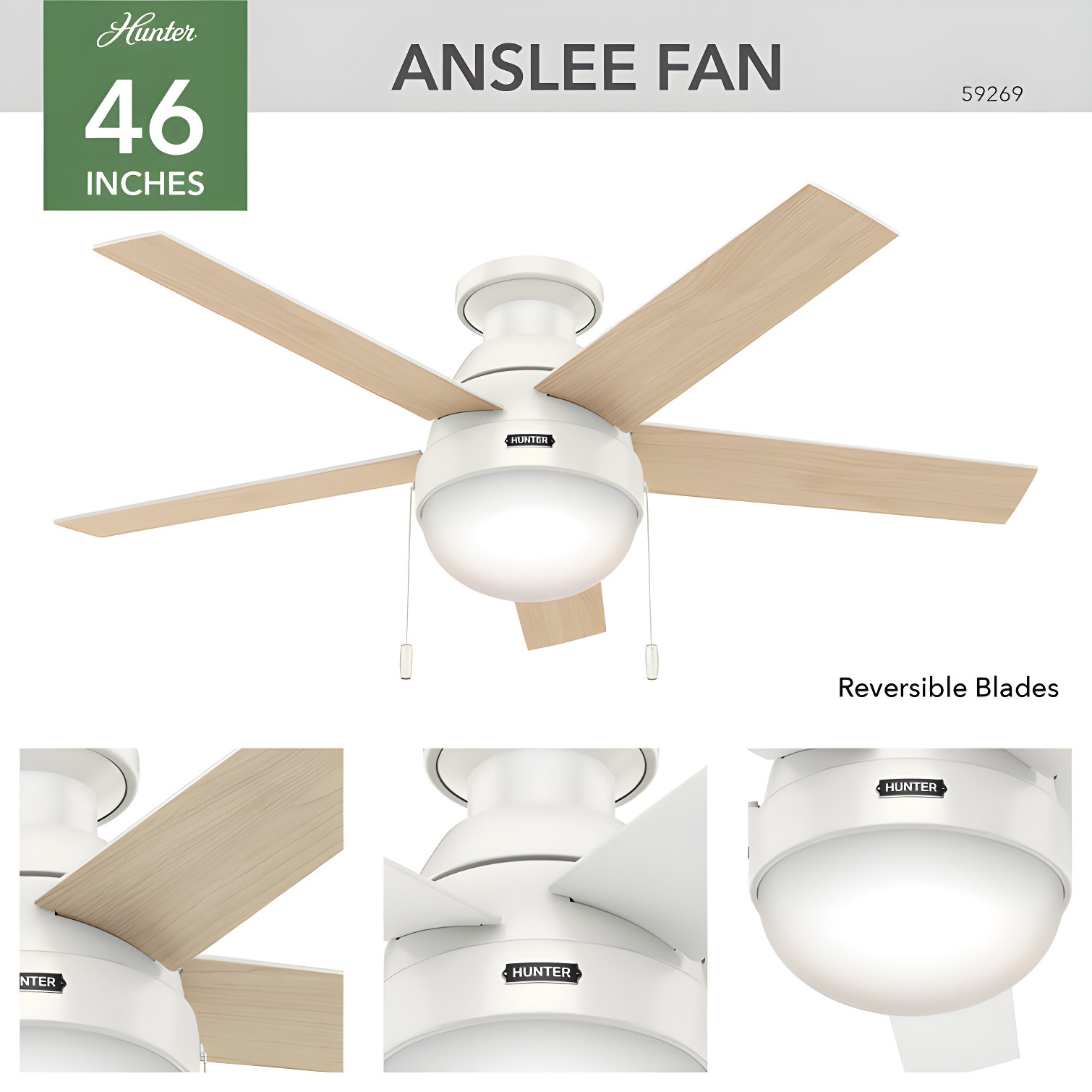 46" Anslee 5 - Blade LED Flush Mount Ceiling Fan with Pull Chain and Light Kit Included