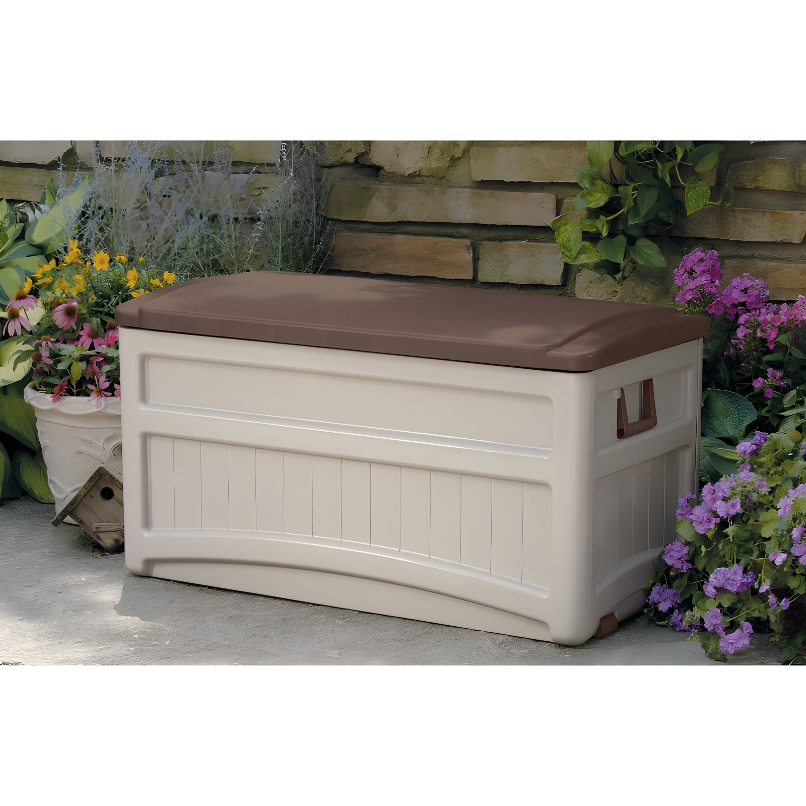 Suncast Suncast 78 Gallon Water Resistant Resin Deck Box with Wheels in Light Taupe/Mocha